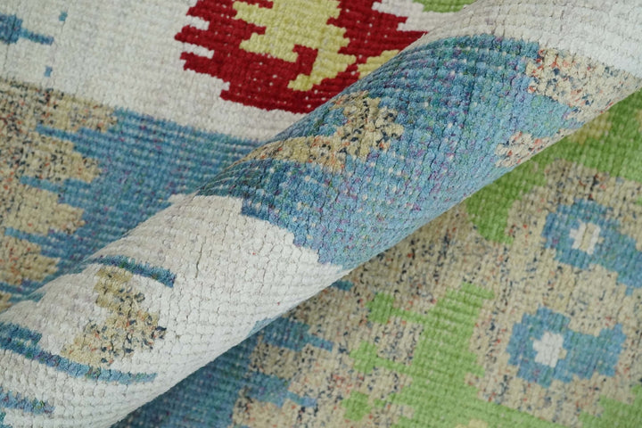 8x10 Hand Knotted White, Blue and Rust Modern Tribal Style Contemporary Recycled Silk Area Rug | OP45 - The Rug Decor