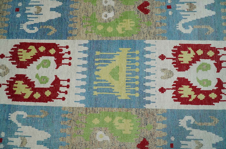 8x10 Hand Knotted White, Blue and Rust Modern Tribal Style Contemporary Recycled Silk Area Rug | OP45 - The Rug Decor