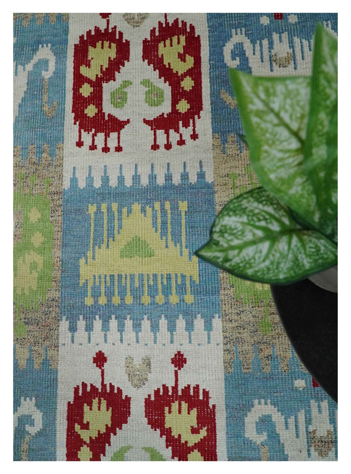8x10 Hand Knotted White, Blue and Rust Modern Tribal Style Contemporary Recycled Silk Area Rug | OP45 - The Rug Decor