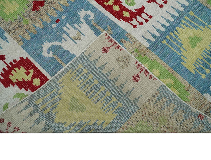 8x10 Hand Knotted White, Blue and Rust Modern Tribal Style Contemporary Recycled Silk Area Rug | OP45 - The Rug Decor