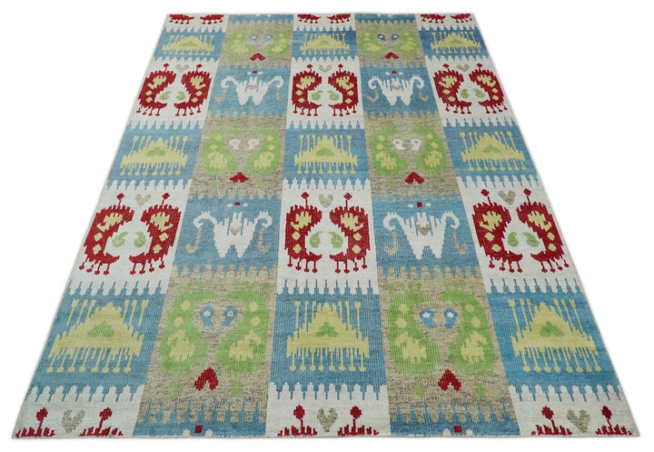 8x10 Hand Knotted White, Blue and Rust Modern Tribal Style Contemporary Recycled Silk Area Rug | OP45 - The Rug Decor