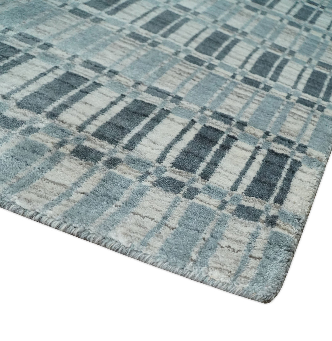 8x10 Hand Made Checkered Beige, Blue and Charcoal Scandinavian Blended Wool Flatwoven Area Rug | KE30 - The Rug Decor