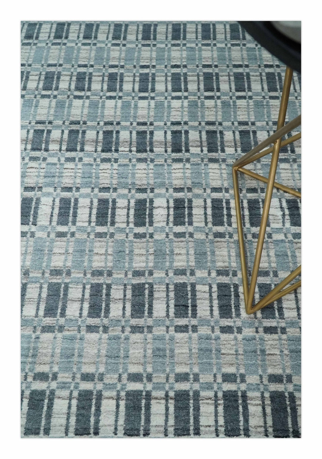 8x10 Hand Made Checkered Beige, Blue and Charcoal Scandinavian Blended Wool Flatwoven Area Rug | KE30 - The Rug Decor