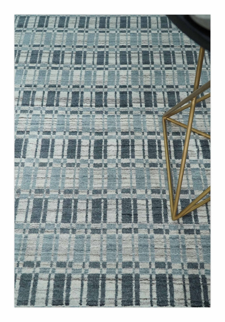 8x10 Hand Made Checkered Beige, Blue and Charcoal Scandinavian Blended Wool Flatwoven Area Rug | KE30 - The Rug Decor