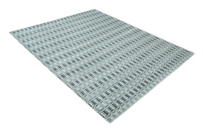 8x10 Hand Made Checkered Beige, Blue and Charcoal Scandinavian Blended Wool Flatwoven Area Rug | KE30 - The Rug Decor