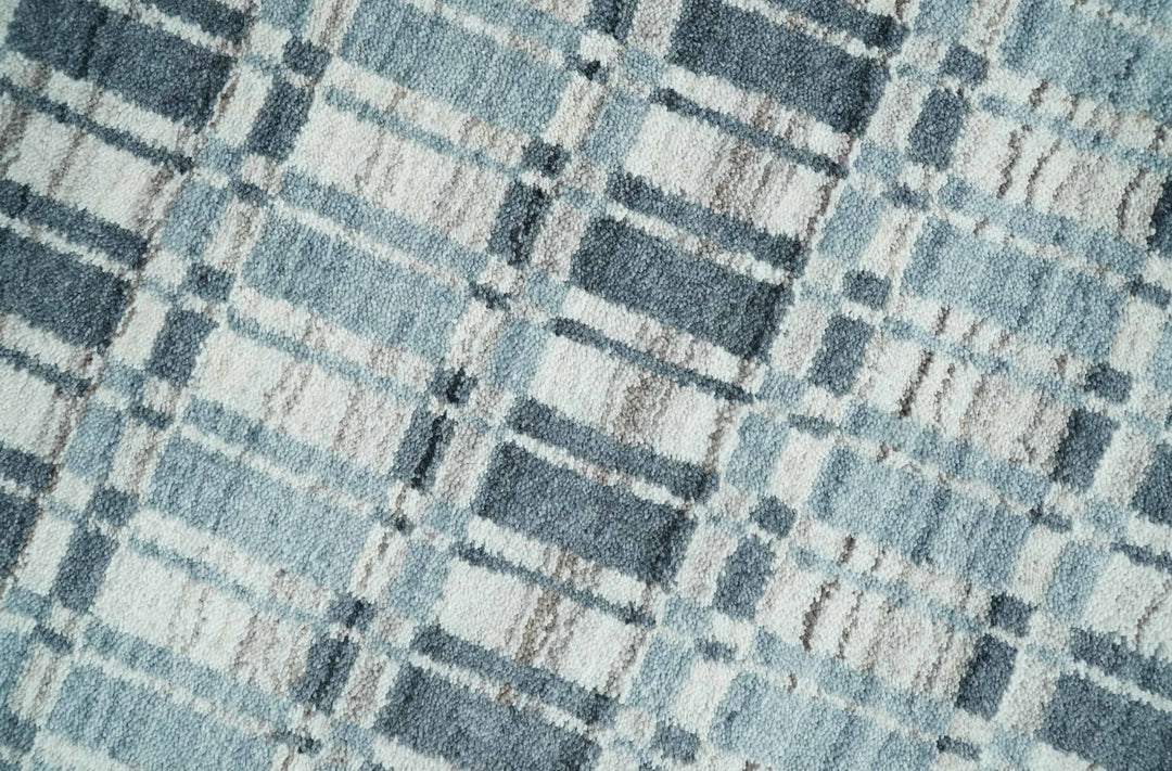 8x10 Hand Made Checkered Beige, Blue and Charcoal Scandinavian Blended Wool Flatwoven Area Rug | KE30 - The Rug Decor