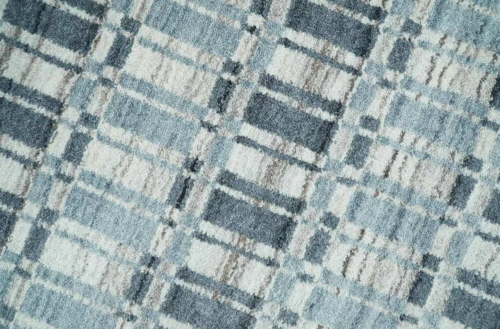 8x10 Hand Made Checkered Beige, Blue and Charcoal Scandinavian Blended Wool Flatwoven Area Rug | KE30 - The Rug Decor