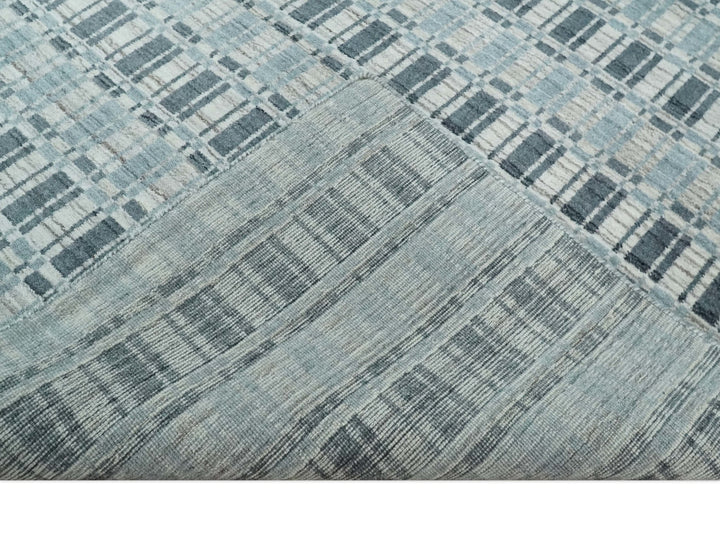 8x10 Hand Made Checkered Beige, Blue and Charcoal Scandinavian Blended Wool Flatwoven Area Rug | KE30 - The Rug Decor