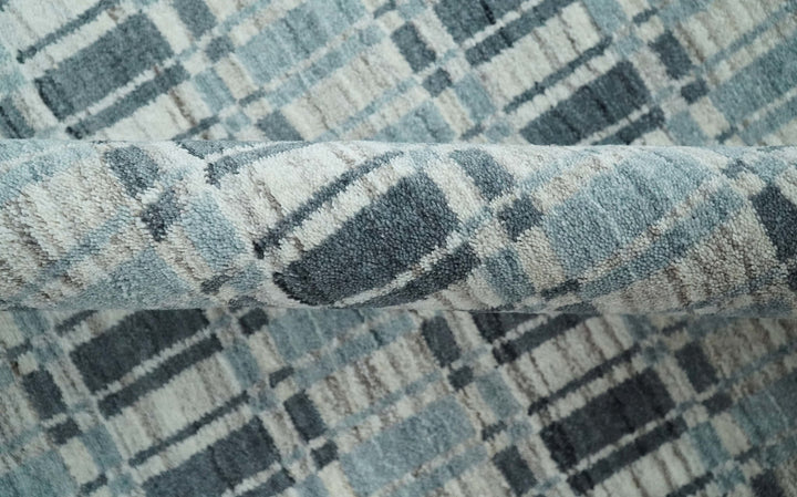 8x10 Hand Made Checkered Beige, Blue and Charcoal Scandinavian Blended Wool Flatwoven Area Rug | KE30 - The Rug Decor