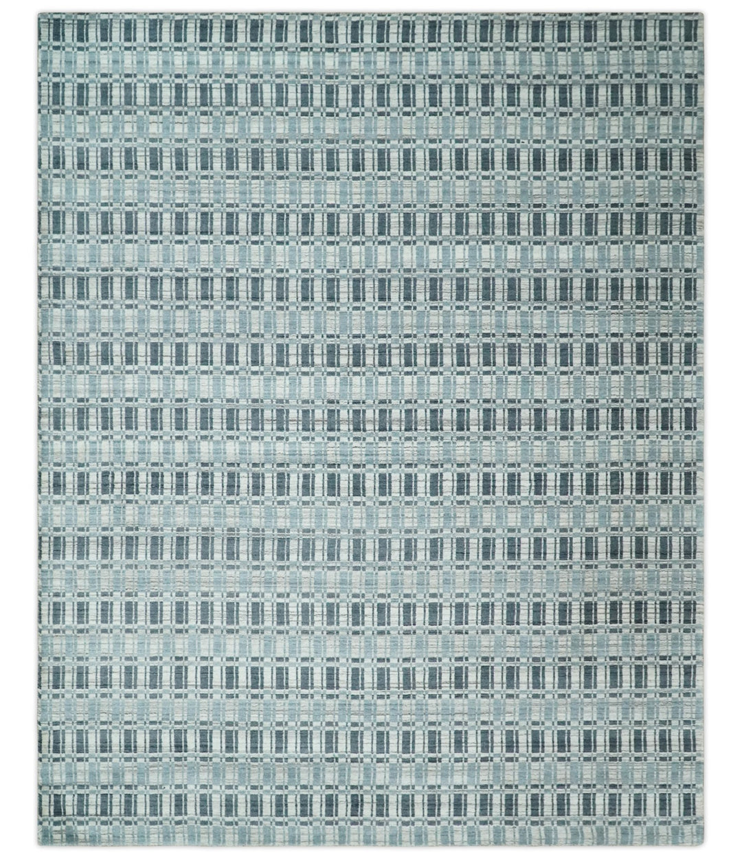 8x10 Hand Made Checkered Beige, Blue and Charcoal Scandinavian Blended Wool Flatwoven Area Rug | KE30 - The Rug Decor