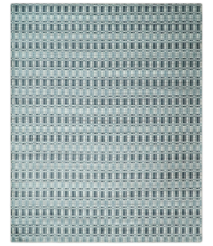 8x10 Hand Made Checkered Beige, Blue and Charcoal Scandinavian Blended Wool Flatwoven Area Rug | KE30 - The Rug Decor