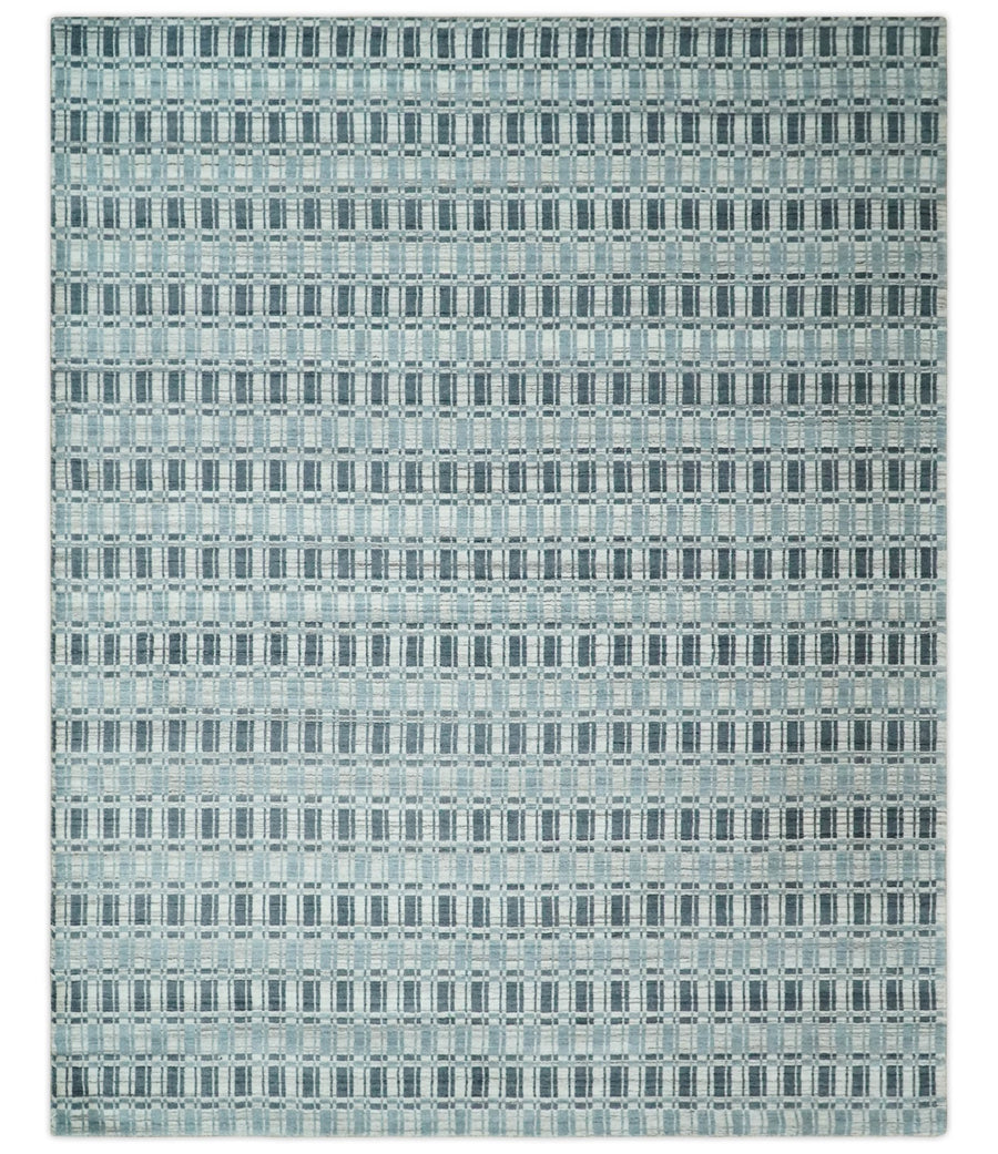 8x10 Hand Made Checkered Beige, Blue and Charcoal Scandinavian Blended Wool Flatwoven Area Rug | KE30 - The Rug Decor
