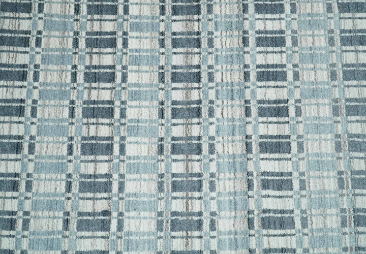 8x10 Hand Made Checkered Beige, Blue and Charcoal Scandinavian Blended Wool Flatwoven Area Rug | KE30 - The Rug Decor