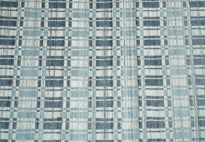 8x10 Hand Made Checkered Beige, Blue and Charcoal Scandinavian Blended Wool Flatwoven Area Rug | KE30 - The Rug Decor