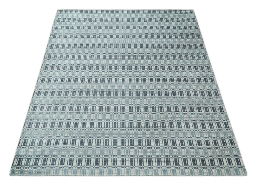 8x10 Hand Made Checkered Beige, Blue and Charcoal Scandinavian Blended Wool Flatwoven Area Rug | KE30 - The Rug Decor