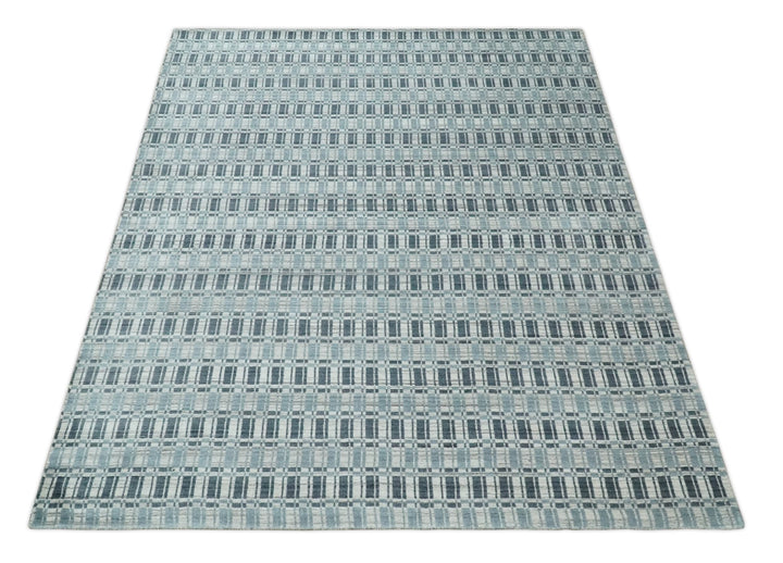 8x10 Hand Made Checkered Beige, Blue and Charcoal Scandinavian Blended Wool Flatwoven Area Rug | KE30 - The Rug Decor