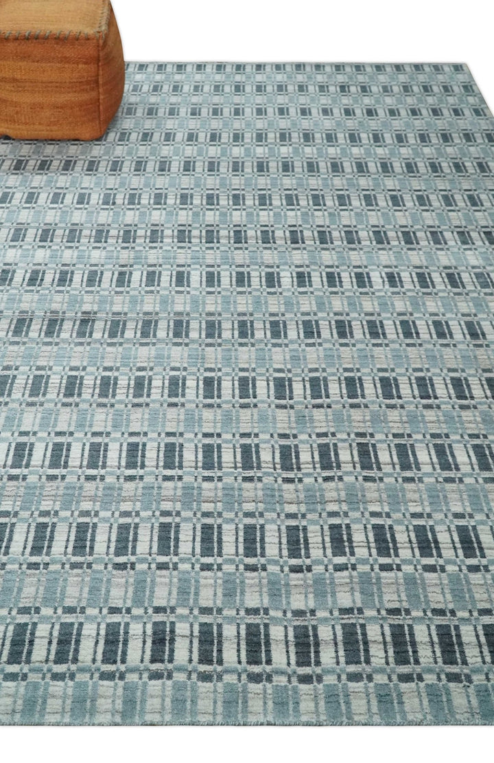 8x10 Hand Made Checkered Beige, Blue and Charcoal Scandinavian Blended Wool Flatwoven Area Rug | KE30 - The Rug Decor