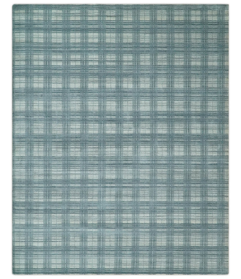 8x10 Hand Made Checkered Ivory and Blue Scandinavian Blended Wool Flatwoven Area Rug | KE21 - The Rug Decor