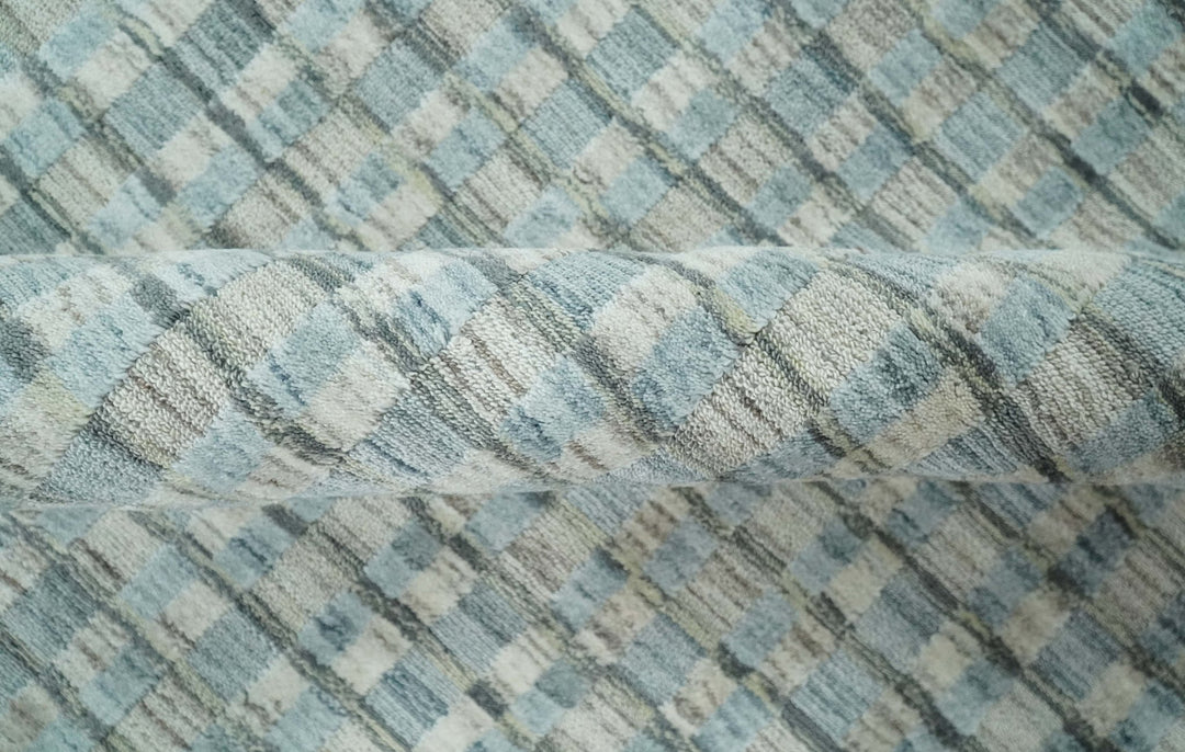 8x10 Hand Made Checkered Silver, Camel and Brown Scandinavian Blended Wool Flatwoven Area Rug | KE40 - The Rug Decor