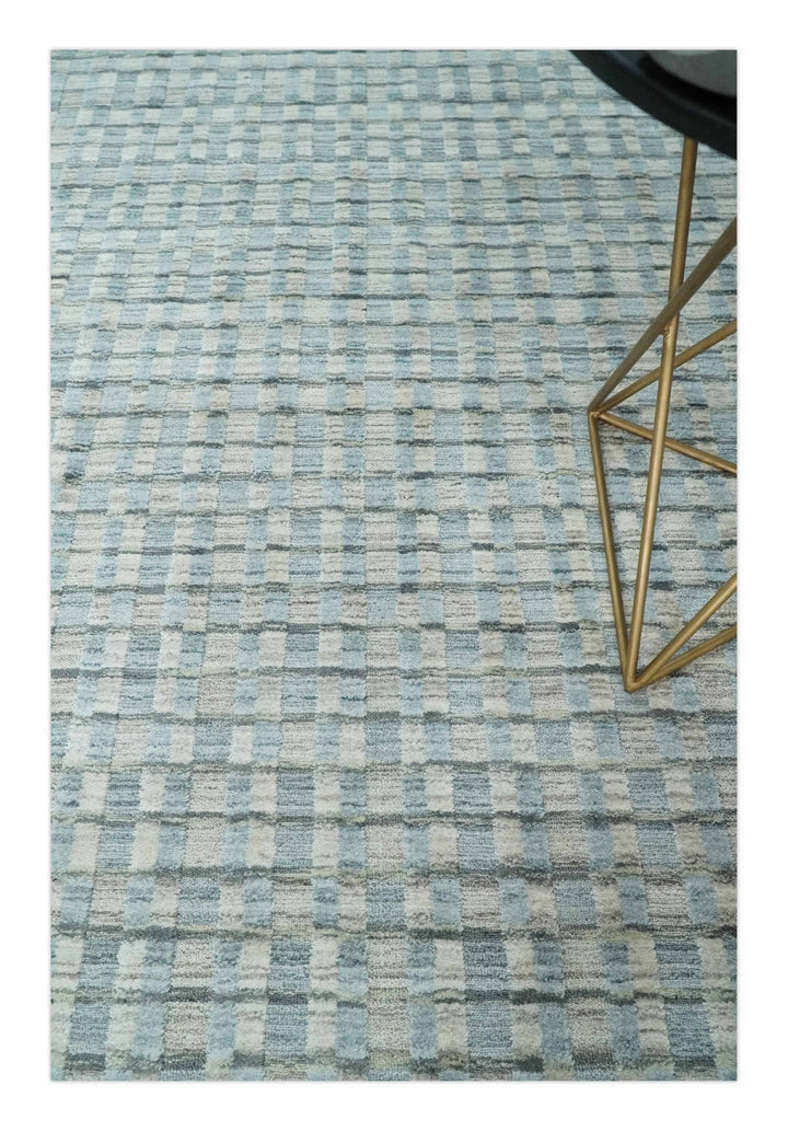 8x10 Hand Made Checkered Silver, Camel and Brown Scandinavian Blended Wool Flatwoven Area Rug | KE40 - The Rug Decor