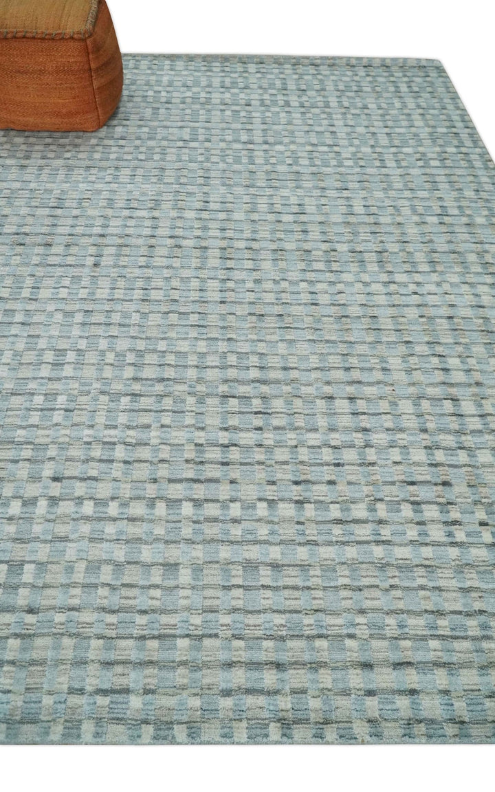 8x10 Hand Made Checkered Silver, Camel and Brown Scandinavian Blended Wool Flatwoven Area Rug | KE40 - The Rug Decor