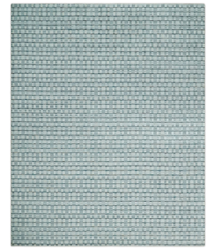 8x10 Hand Made Checkered White, Teal and Gray Scandinavian Blended Wool Flatwoven Area Rug | KE18 - The Rug Decor