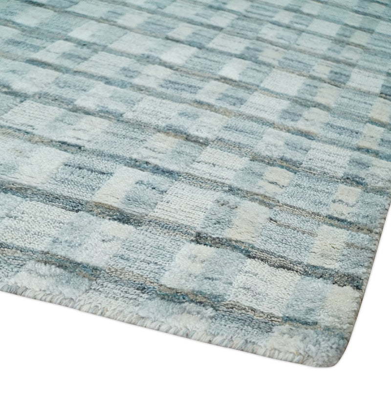 8x10 Hand Made Checkered White, Teal and Gray Scandinavian Blended Wool Flatwoven Area Rug | KE18 - The Rug Decor