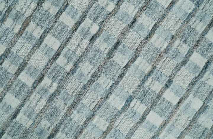 8x10 Hand Made Checkered White, Teal and Gray Scandinavian Blended Wool Flatwoven Area Rug | KE18 - The Rug Decor