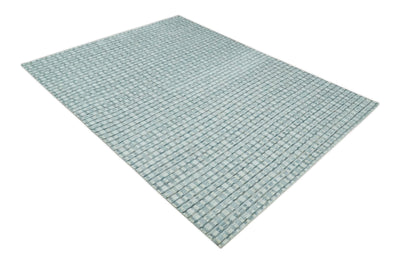 8x10 Hand Made Checkered White, Teal and Gray Scandinavian Blended Wool Flatwoven Area Rug | KE18 - The Rug Decor