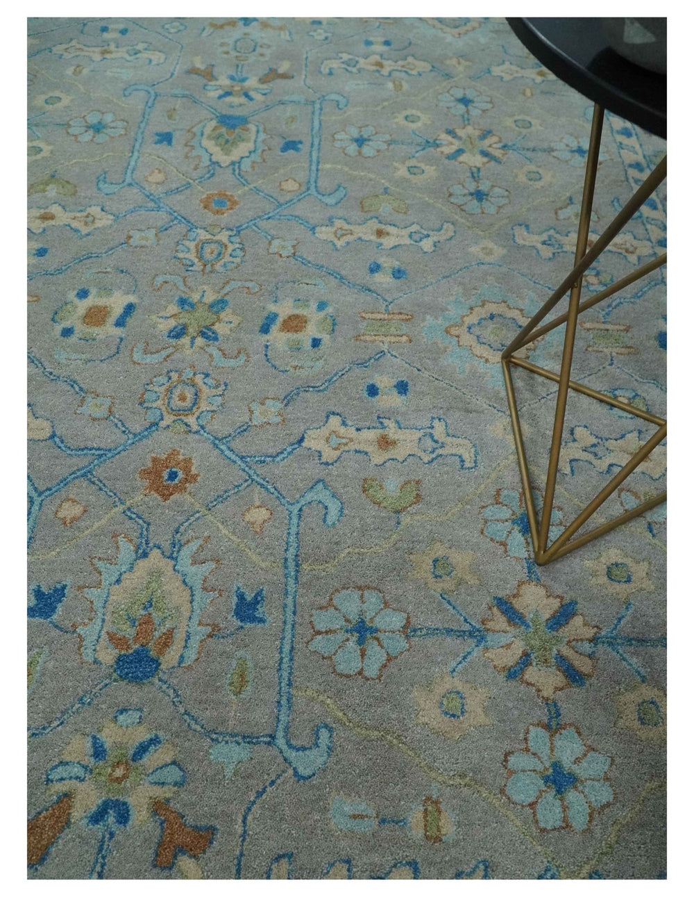8x10 Hand Tufted Gray, Beige and Accent Blue Traditional Herati Design Wool Rug - The Rug Decor