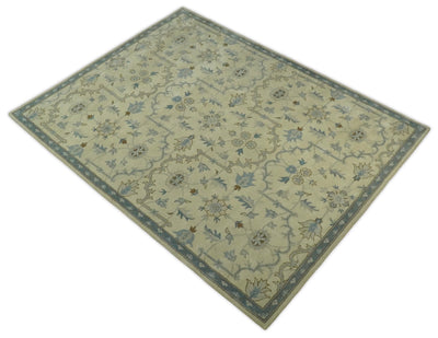 8x10 Handmade Persian Design Beige and Blue made with fine wool Area Rug | TRDCP148810 - The Rug Decor