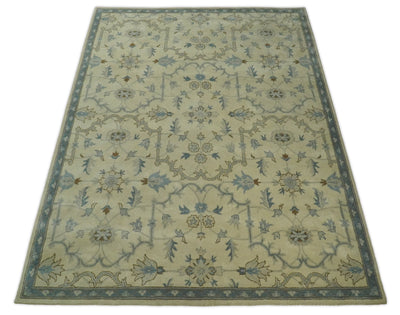 8x10 Handmade Persian Design Beige and Blue made with fine wool Area Rug | TRDCP148810 - The Rug Decor