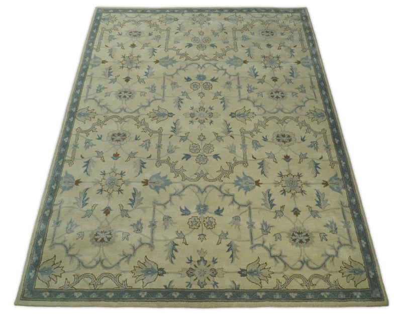 8x10 Handmade Persian Design Beige and Blue made with fine wool Area Rug | TRDCP148810 - The Rug Decor