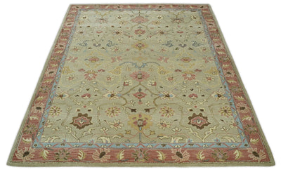 8x10 Handmade Persian Design Beige and Rust made with fine wool Area Rug | TRDCP153810 - The Rug Decor