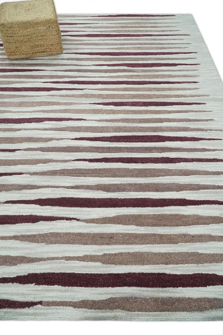 8x10 Ivory and Pink Hand Tufted Modern Scandinavian Stripe Wool Area Rug | YUK2 - The Rug Decor