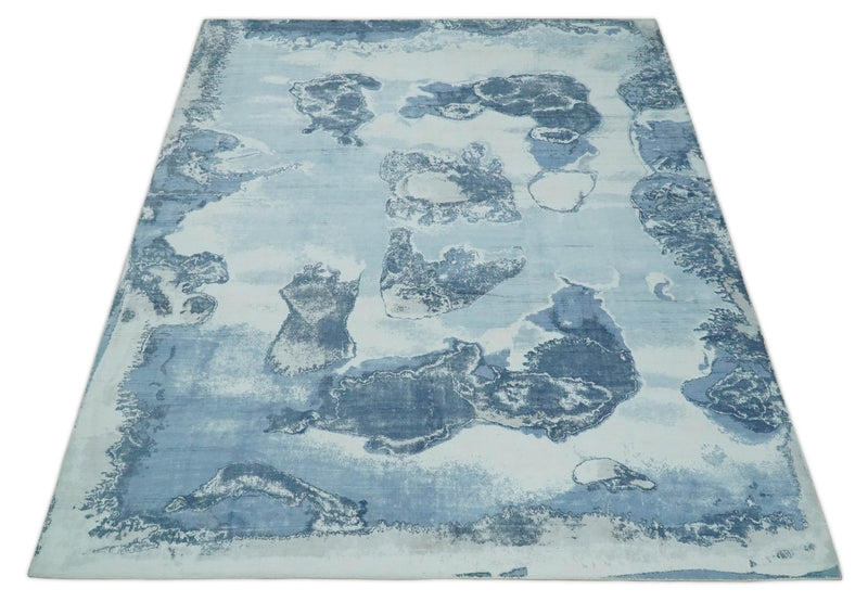 8x10 Ivory, Aqua and Blue Modern Abstract Handmade Wool and Art Silk Area Rug | AE3810 - The Rug Decor