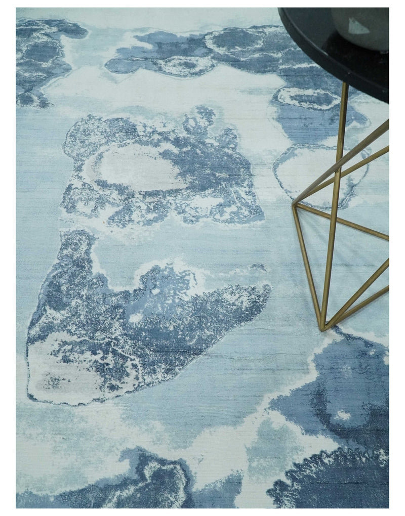 8x10 Ivory, Aqua and Blue Modern Abstract Handmade Wool and Art Silk Area Rug | AE3810 - The Rug Decor