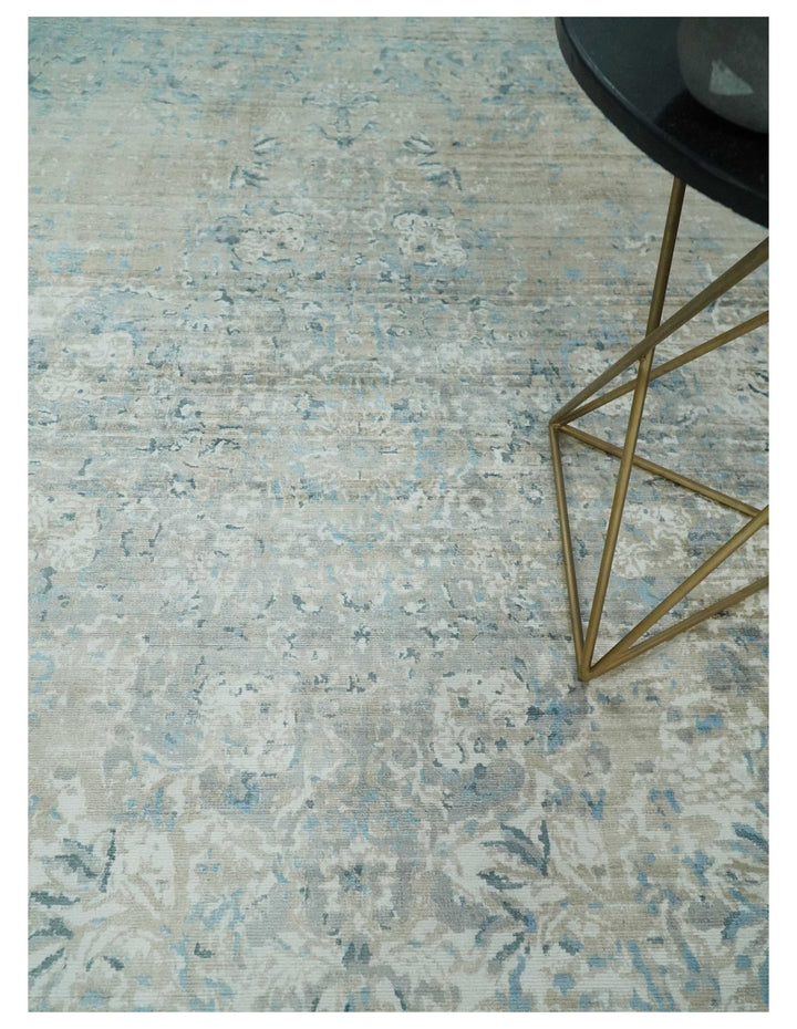 8x10 Ivory, Beige and Blue Traditional Hand Knotted Art Silk Area Rug - The Rug Decor