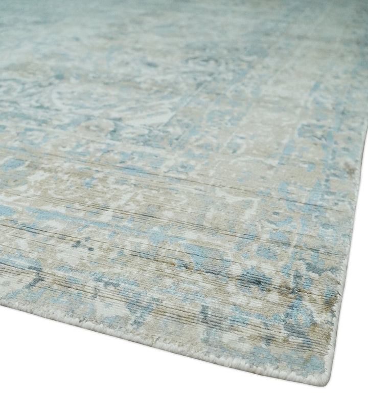 8x10 Ivory, Beige and Blue Traditional Hand Knotted Art Silk Area Rug - The Rug Decor