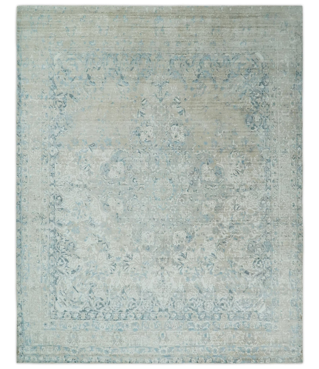 8x10 Ivory, Beige and Blue Traditional Hand Knotted Art Silk Area Rug - The Rug Decor