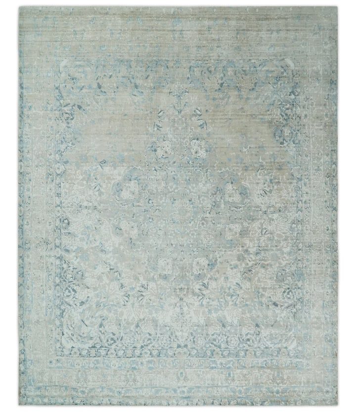 8x10 Ivory, Beige and Blue Traditional Hand Knotted Art Silk Area Rug - The Rug Decor