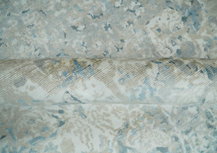 8x10 Ivory, Beige and Blue Traditional Hand Knotted Art Silk Area Rug - The Rug Decor