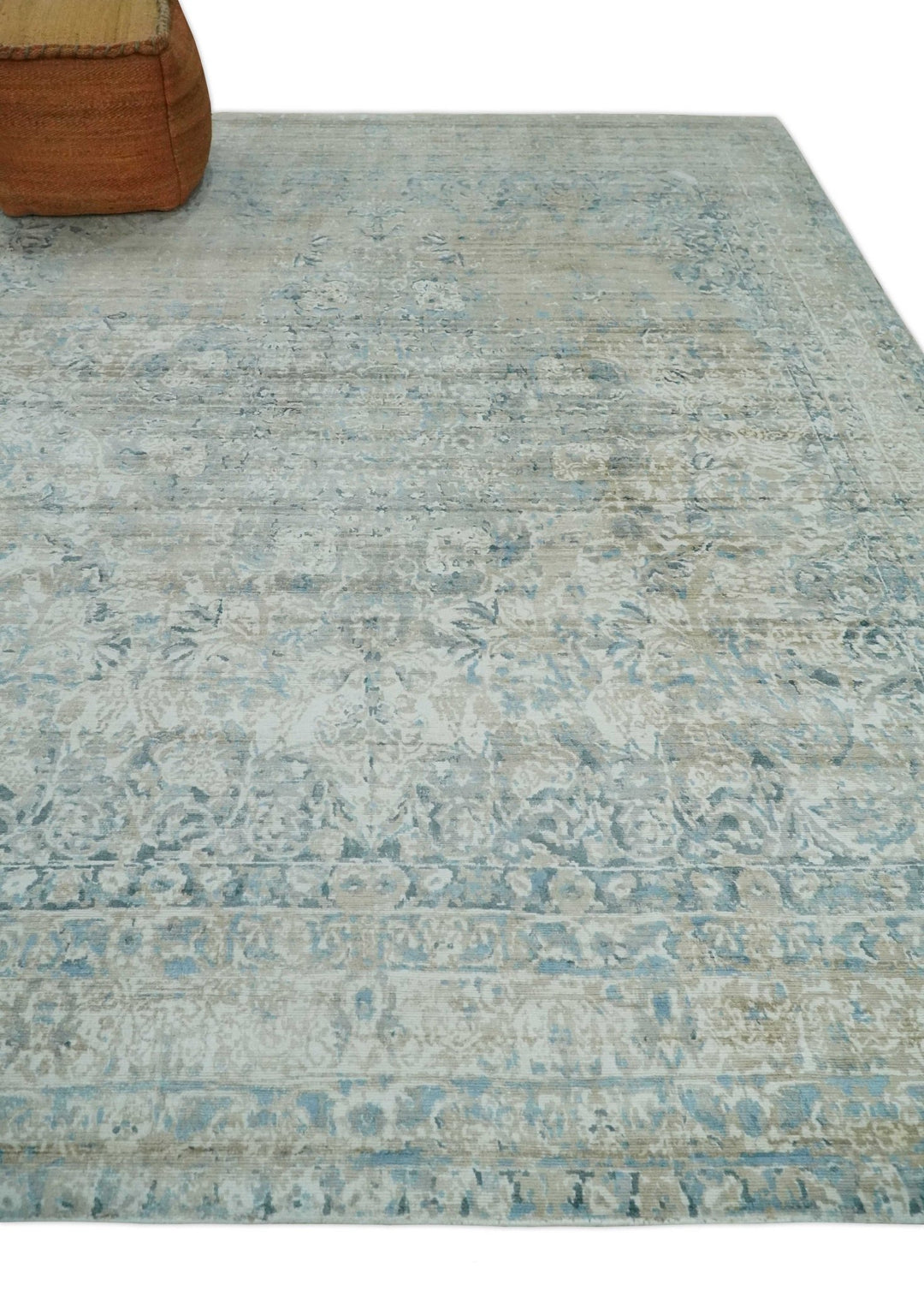 8x10 Ivory, Beige and Blue Traditional Hand Knotted Art Silk Area Rug - The Rug Decor