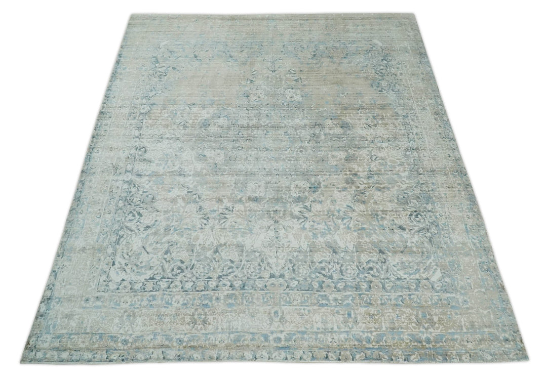 8x10 Ivory, Beige and Blue Traditional Hand Knotted Art Silk Area Rug - The Rug Decor
