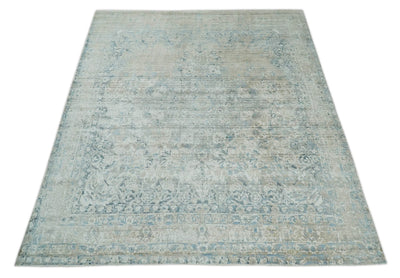 8x10 Ivory, Beige and Blue Traditional Hand Knotted Art Silk Area Rug - The Rug Decor