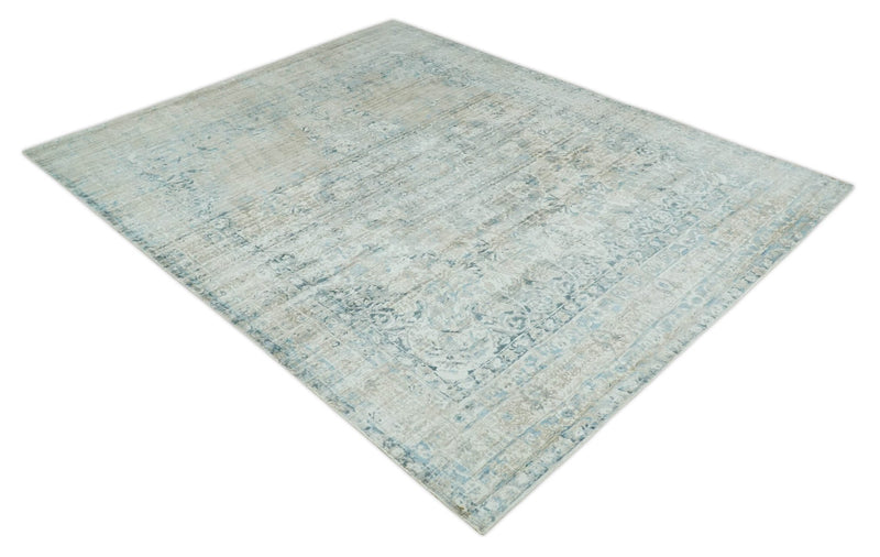 8x10 Ivory, Beige and Blue Traditional Hand Knotted Art Silk Area Rug - The Rug Decor