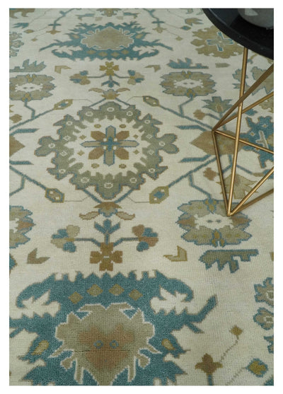 8x10 Ivory, Beige and Teal Hand Knotted Traditional Oushak Wool Area Rug | TRDCP1165810 - The Rug Decor