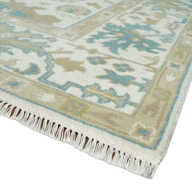 8x10 Ivory, Beige and Teal Hand Knotted Traditional Oushak Wool Area Rug | TRDCP1165810 - The Rug Decor