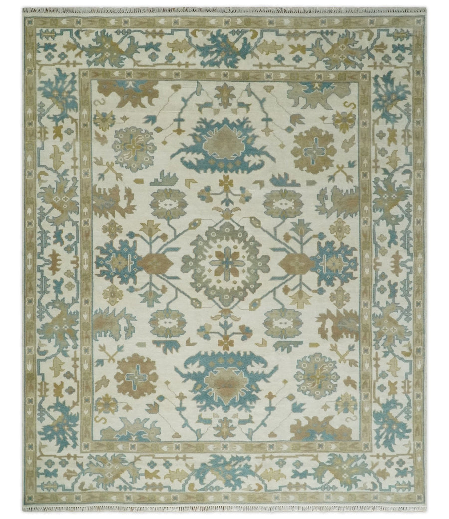 8x10 Ivory, Beige and Teal Hand Knotted Traditional Oushak Wool Area Rug | TRDCP1165810 - The Rug Decor