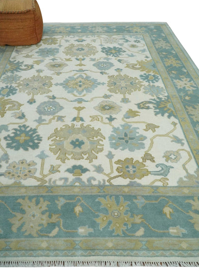 8x10 Ivory, Blue and Beige Floral Oushak Hand Knotted Wool Area Rug | TRDCP1538810S - The Rug Decor